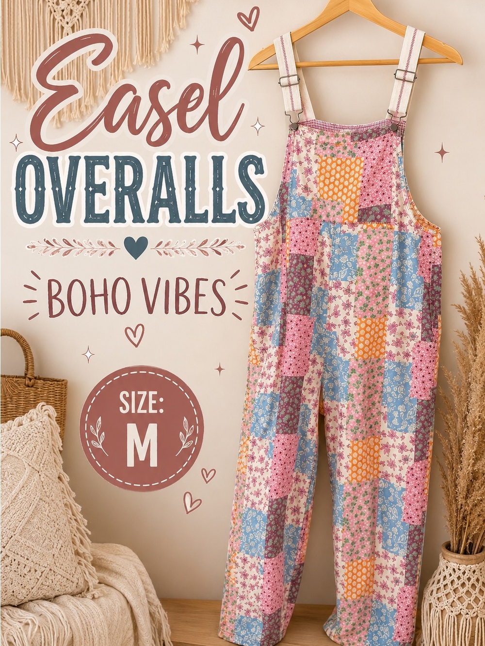 Easel Women's Patchwork Boho Overalls in Pink, Blue & Orange